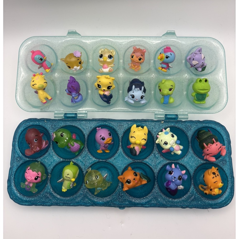 Hatchimals CollEGGtibles Lot 23 Mini Figures with Blue Glitter‎ Egg Carton Case